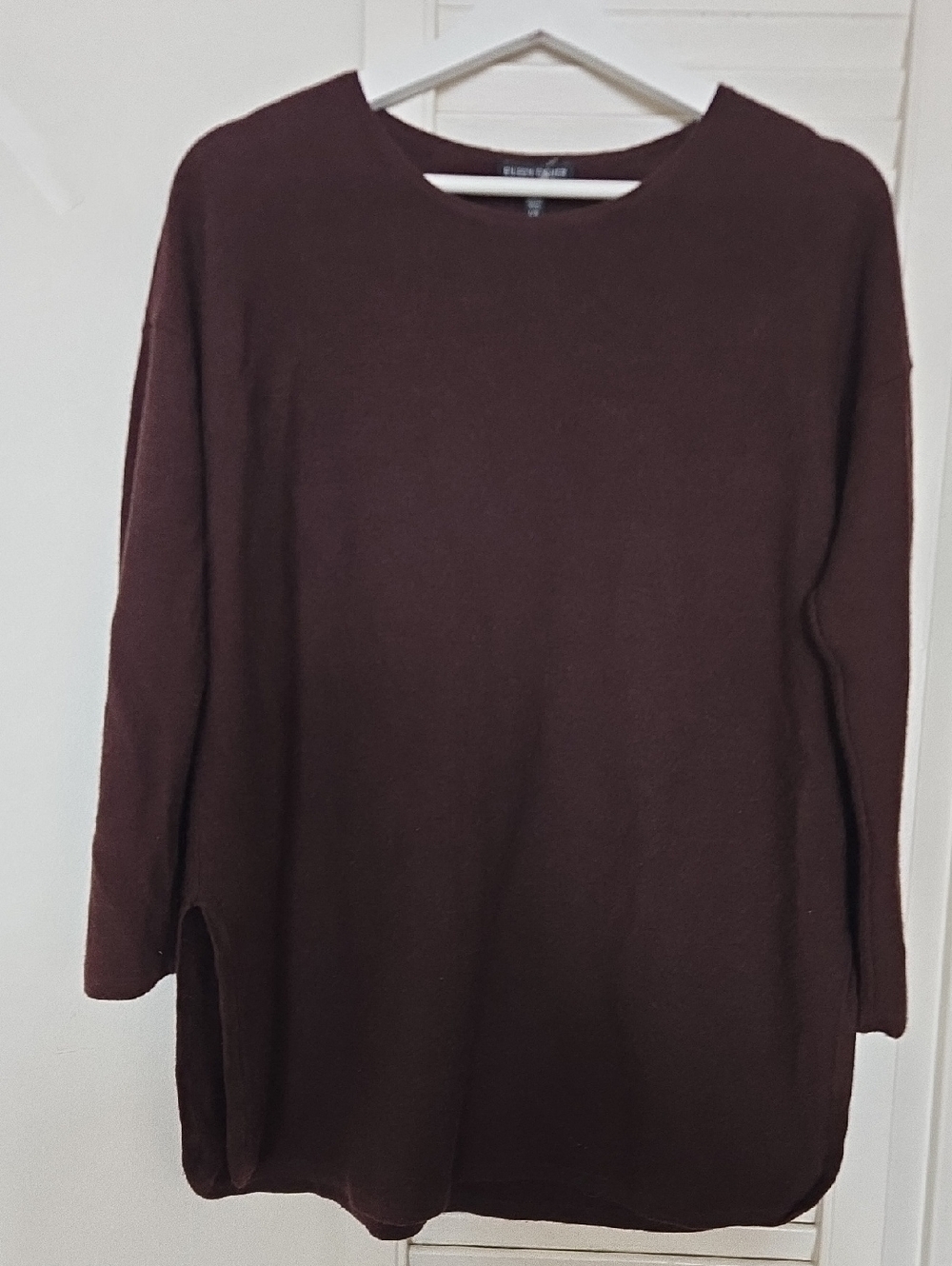Eileen Fisher Burgundy Brown Crewneck Sweater 100% Extra Fine Merino Wool Size L